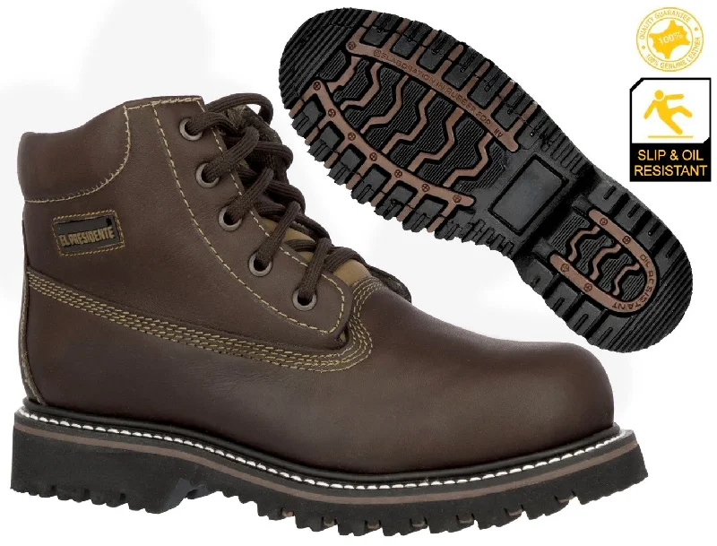 Mens Brown Work Boots Leather Slip Resistant Lace Up Soft Toe - #600TR