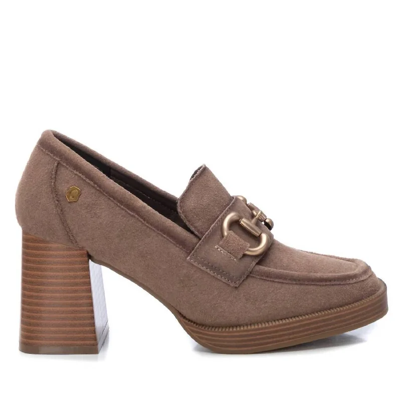 Women's Suede Heeled Loafers In Camel