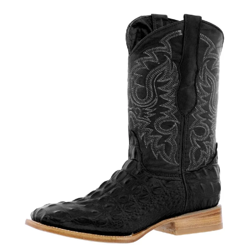 Mens Black Alligator Back Print Leather Cowboy Boots Square Toe