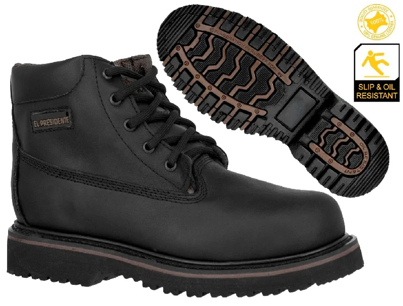 Mens Black Work Boots Leather Slip Resistant Lace Up Soft Toe - #600TR