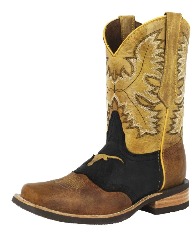 Mens Honey Brown Western Leather Cowboy Boots Longhorn - Square Toe