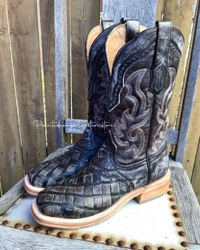 Corral Men's Distressed Black Woven Wide Square Toe Cowboy Boot A4188