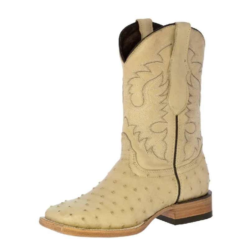 Mens Sand Ostrich Quill Print Leather Cowboy Boots Square Toe