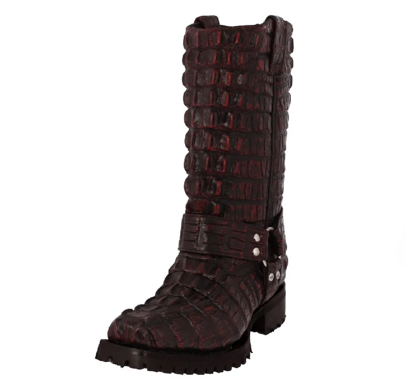 Mens Black Cherry Motorcycle Boots Crocodile Tail Print - Square Toe