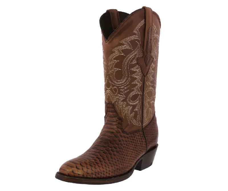 Mens Brown Snake Python Print Leather Cowboy Boots Round Toe