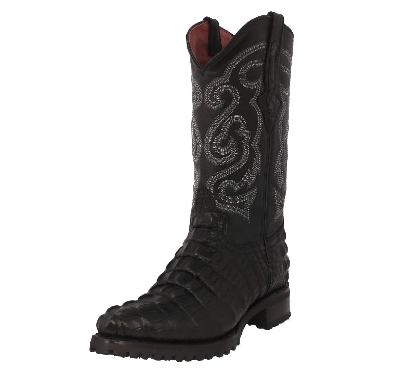 Mens Black Motorcycle Boots Crocodile Tail Print - J Toe