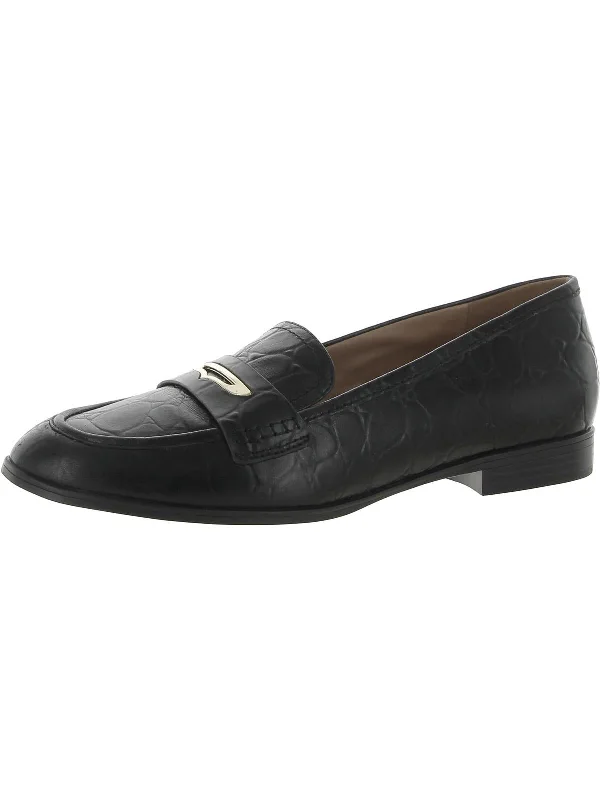 Womens Leather Block Heel Loafers