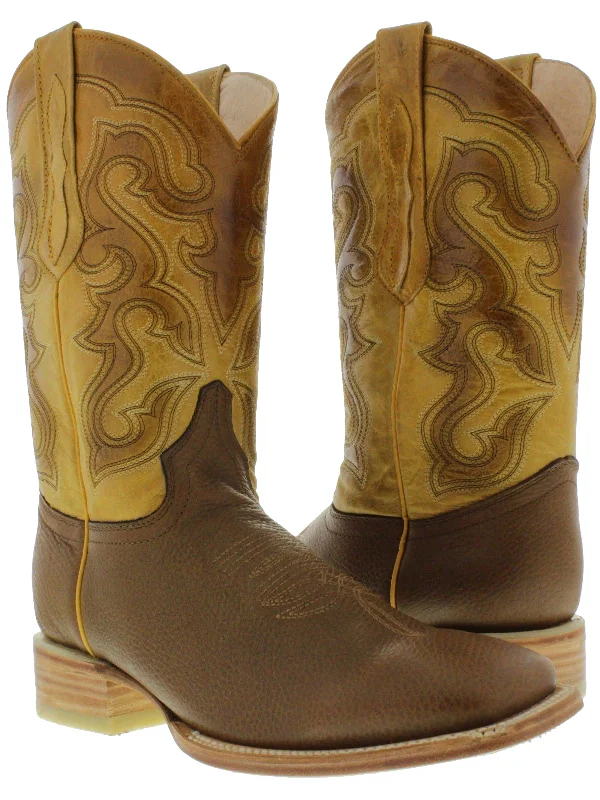 Mens Western Wear Honey Brown Leather Cowboy Boots Rodeo Broad Square Toe