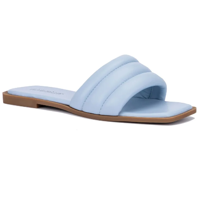 Olivia Miller Womens Indigo Slide  Faux Leather Padded Insole Slide Sandals