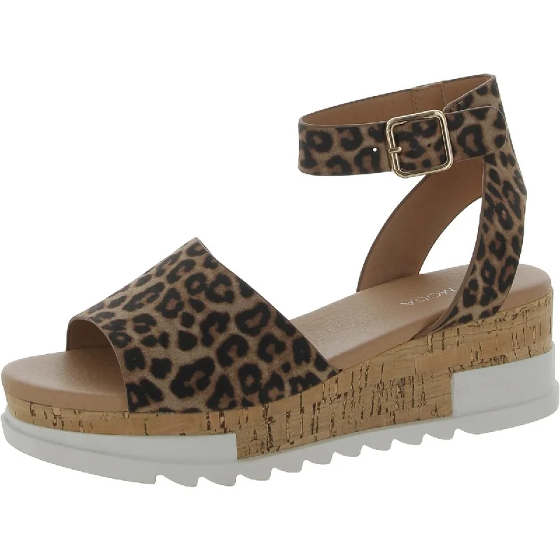 Top Moda Womens Tobias 8 Faux Suede Leopard Print Wedge Sandals