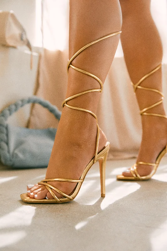 Holly Lace Up Strappy Heels - Gold