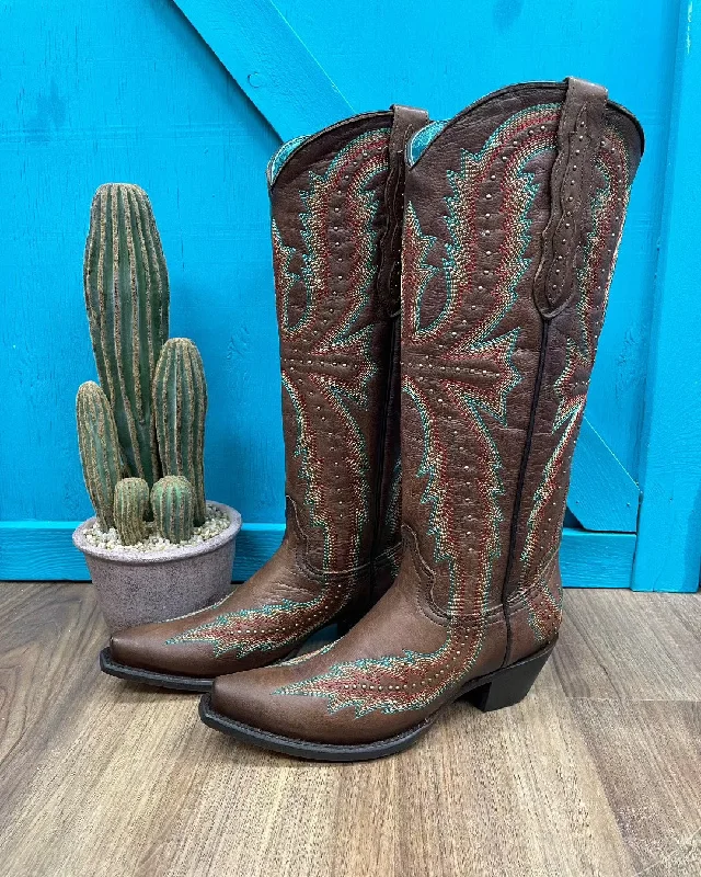 Corral Women's Brown Embroidery Stud Tall Cowgirl Boots C4068